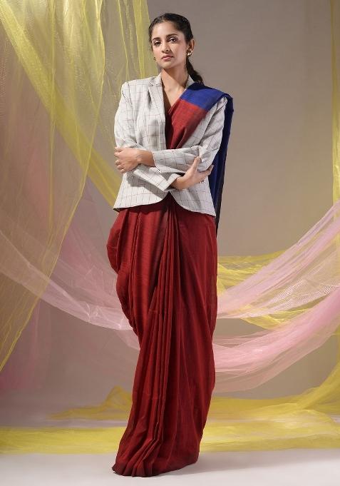 Red Floral Embroidery Cotton Saree Set