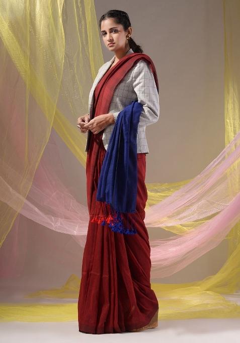 Red Floral Embroidery Cotton Saree Set