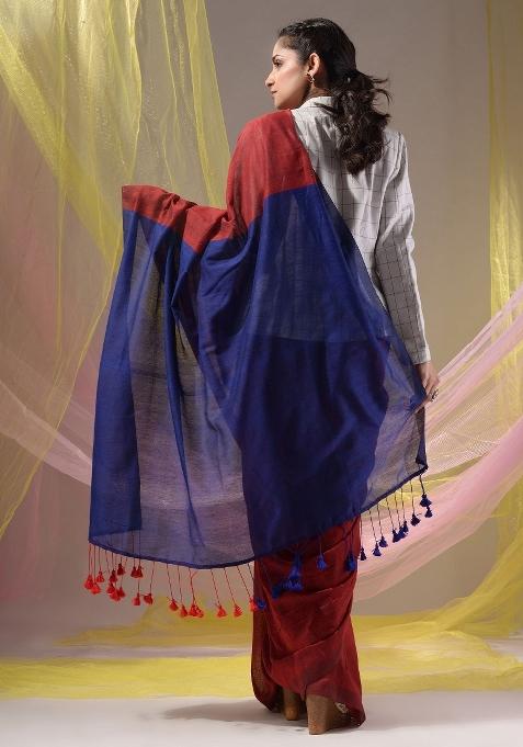 Red Floral Embroidery Cotton Saree Set