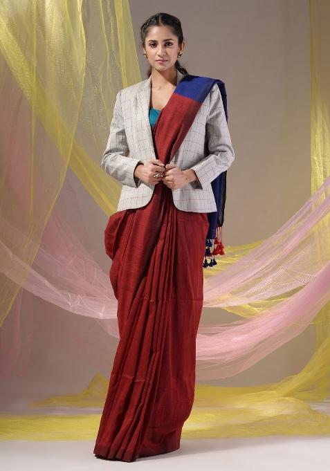 Red Floral Embroidery Cotton Saree Set