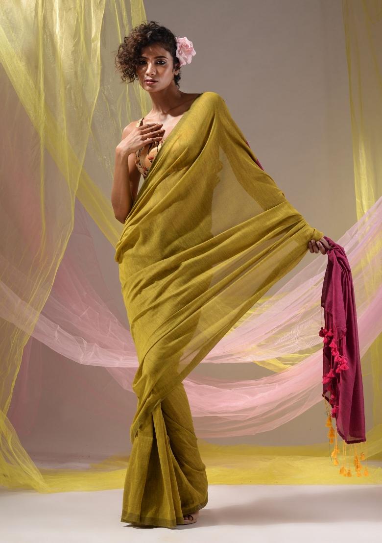 Corn Yellow Floral Embroidery Cotton Saree Set