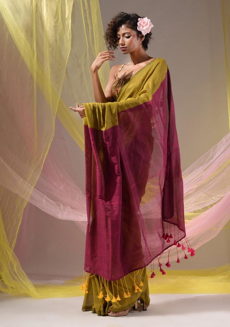 Corn Yellow Floral Embroidery Cotton Saree Set