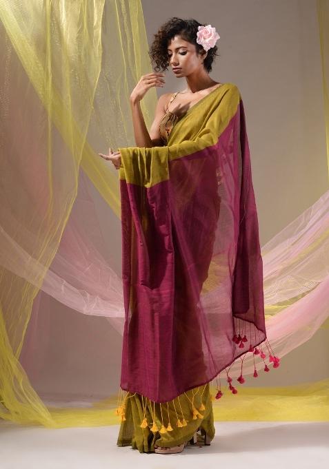 Corn Yellow Floral Embroidery Cotton Saree Set