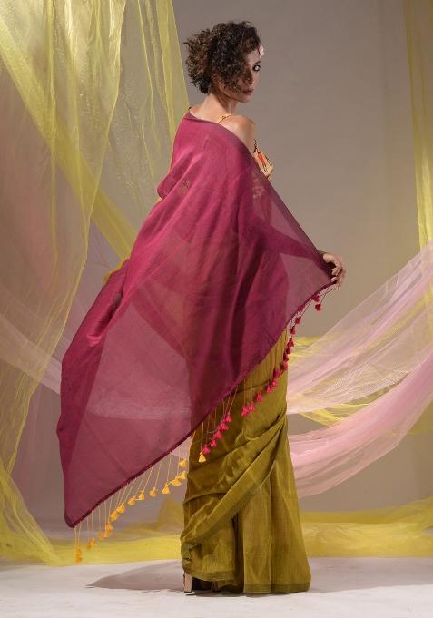 Corn Yellow Floral Embroidery Cotton Saree Set