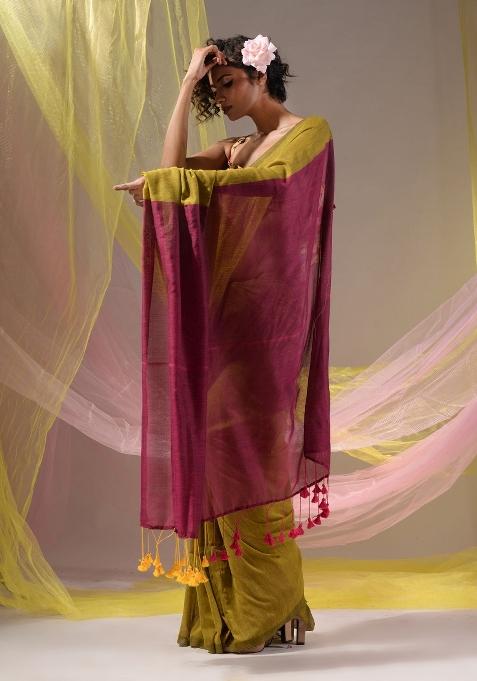 Corn Yellow Floral Embroidery Cotton Saree Set