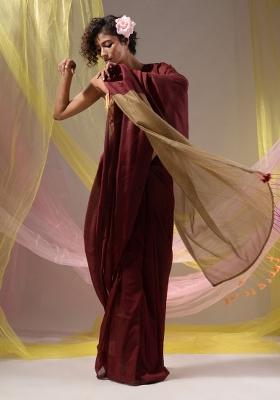 Maroon Floral Embroidery Cotton Saree Set