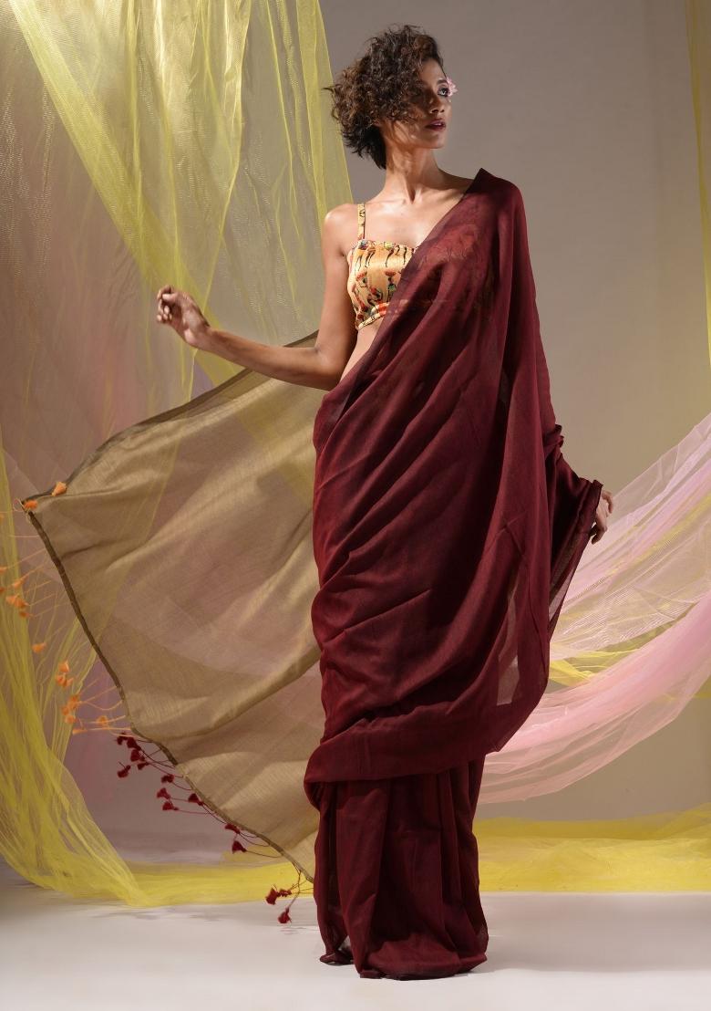 Maroon Floral Embroidery Cotton Saree Set - Indya