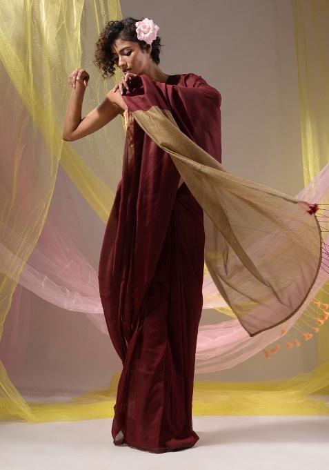 Maroon Floral Embroidery Cotton Saree Set