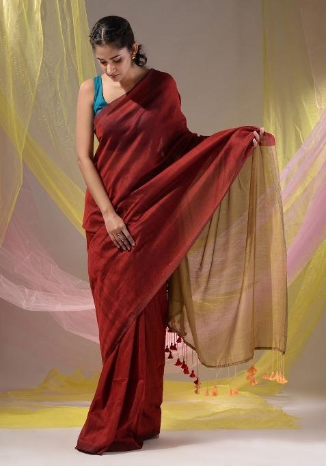 Red Floral Embroidery Cotton Saree Set