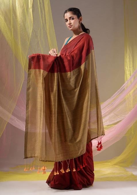 Red Floral Embroidery Cotton Saree Set