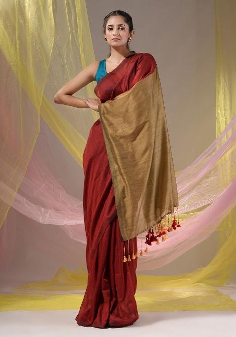 Red Floral Embroidery Cotton Saree Set
