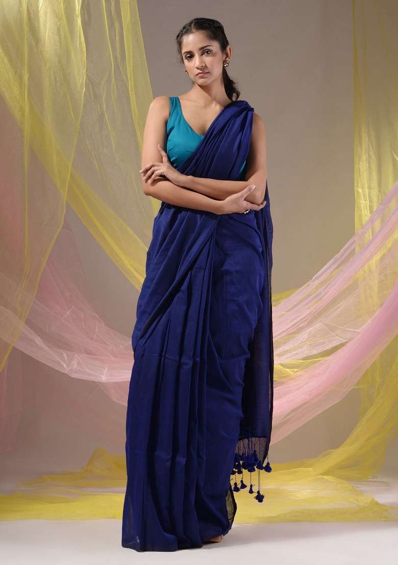 Midnight Blue Floral Embroidery Cotton Saree Set for Diwali and Festive Wear - Indya