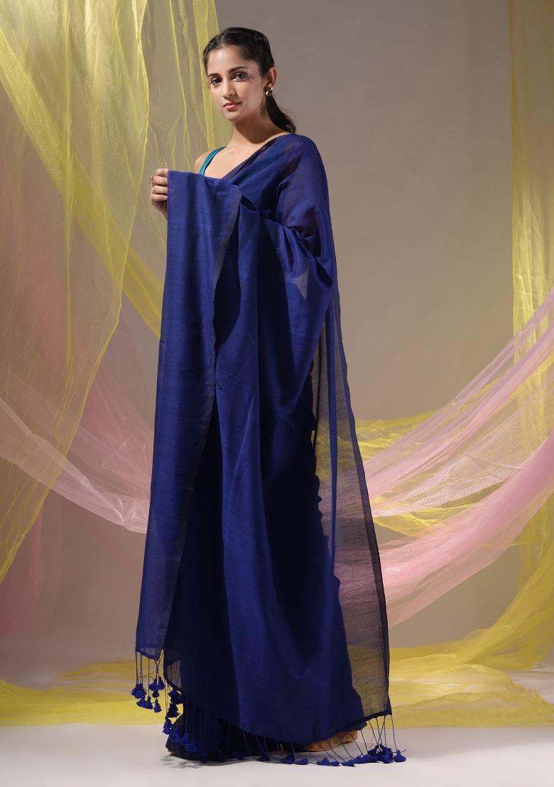 Midnight Blue Floral Embroidery Cotton Saree Set - Indya