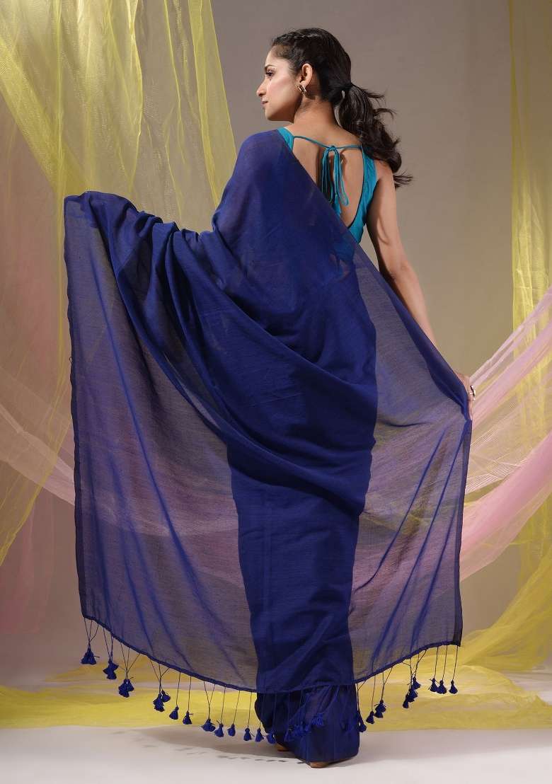 Midnight Blue Floral Embroidery Cotton Saree Set for Diwali and Festive Wear - Indya