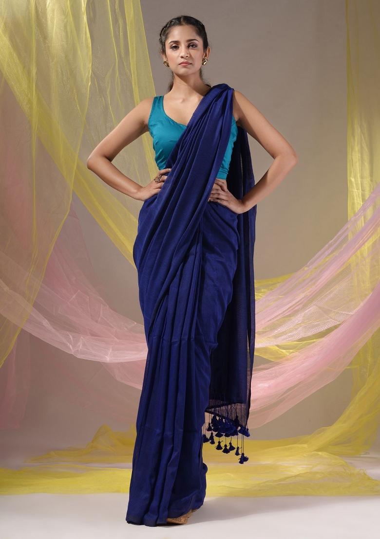 Midnight Blue Floral Embroidery Cotton Saree Set - Indya