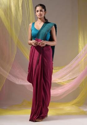 Magenta Floral Embroidery Cotton Saree Set