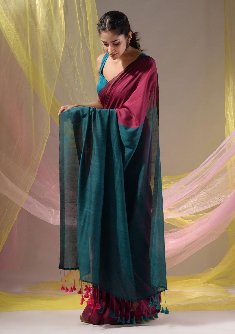 Magenta Floral Embroidery Cotton Saree Set - Indya