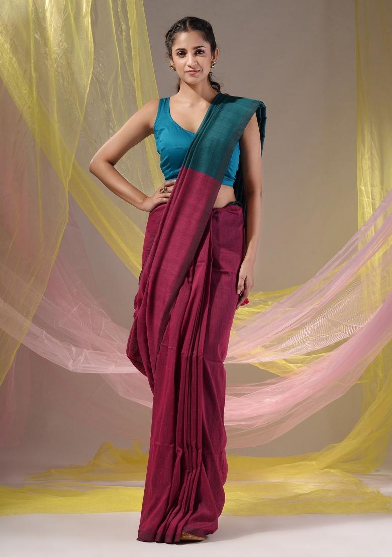 Magenta Floral Embroidery Cotton Saree Set - Indya