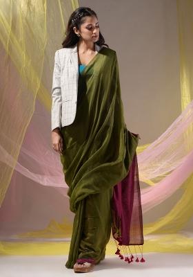 Moss Green Floral Embroidery Cotton Saree Set