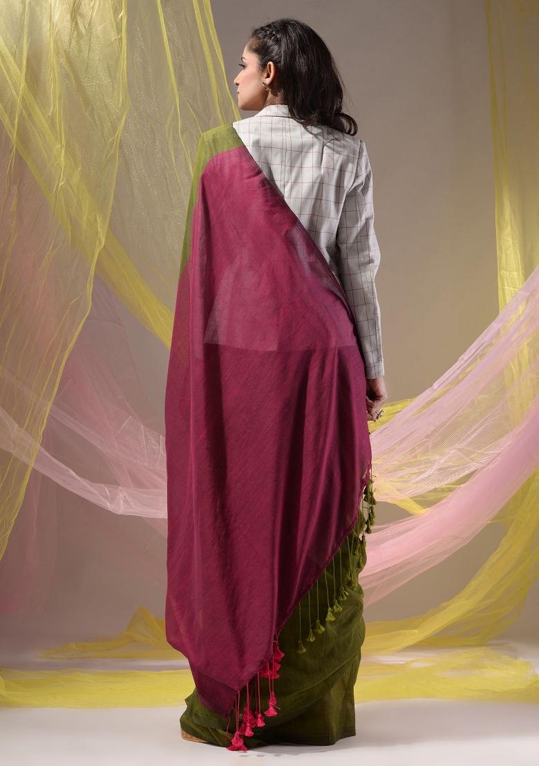 Moss Green Floral Embroidery Cotton Saree Set