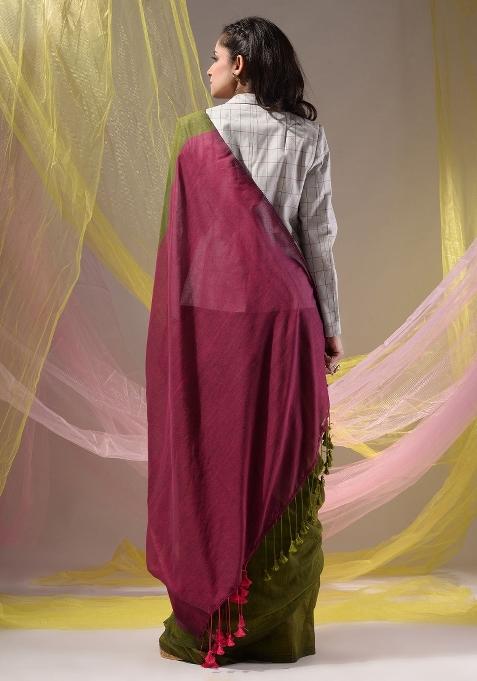 Moss Green Floral Embroidery Cotton Saree Set