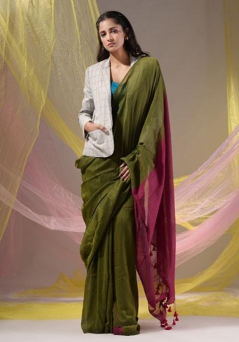 Moss Green Floral Embroidery Cotton Saree Set