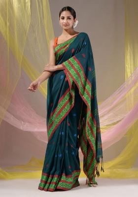 Teal Floral Embroidery Cotton Saree Set