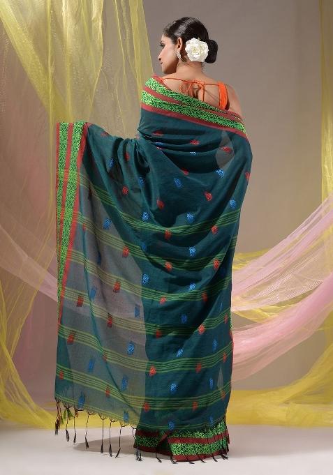 Teal Floral Embroidery Cotton Saree Set