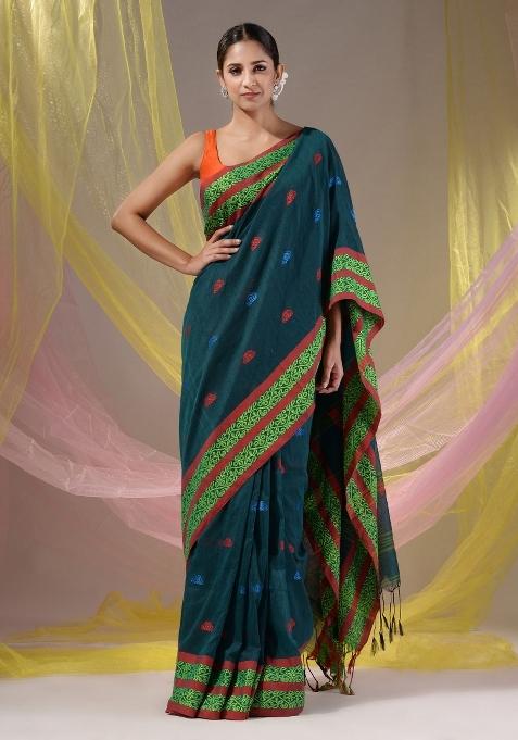 Teal Floral Embroidery Cotton Saree Set