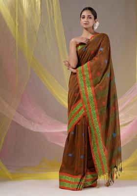 Ochre Yellow Floral Embroidery Cotton Saree Set