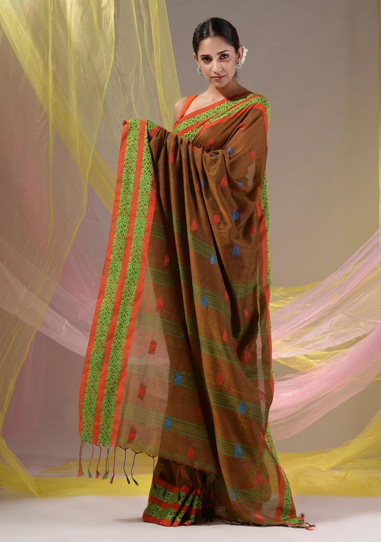 Ochre Yellow Floral Embroidery Cotton Saree Set - Indya