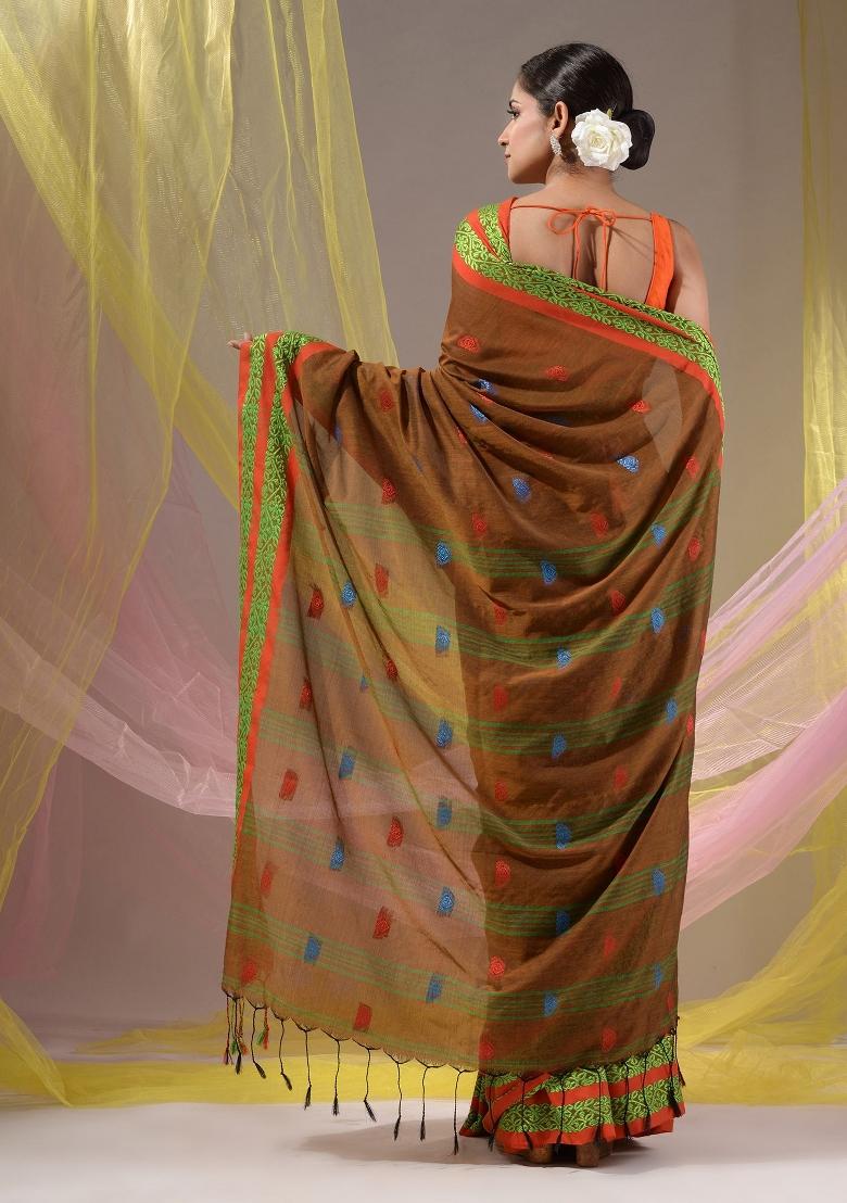 Ochre Yellow Floral Embroidery Cotton Saree Set