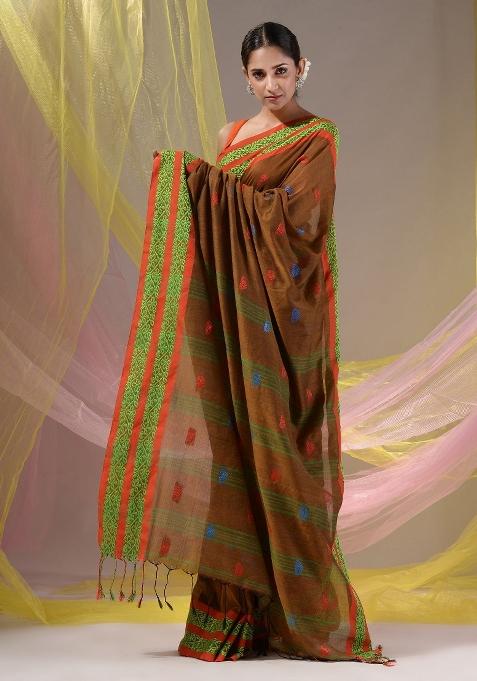 Ochre Yellow Floral Embroidery Cotton Saree Set