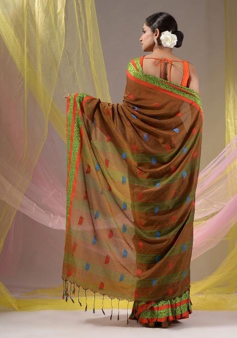 Ochre Yellow Floral Embroidery Cotton Saree Set