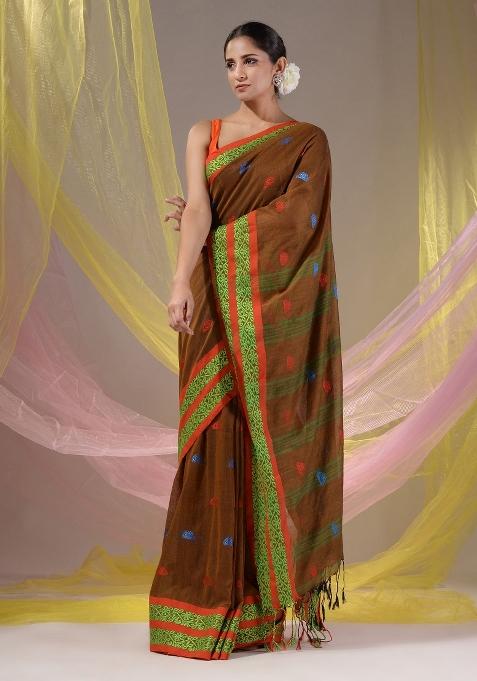 Ochre Yellow Floral Embroidery Cotton Saree Set