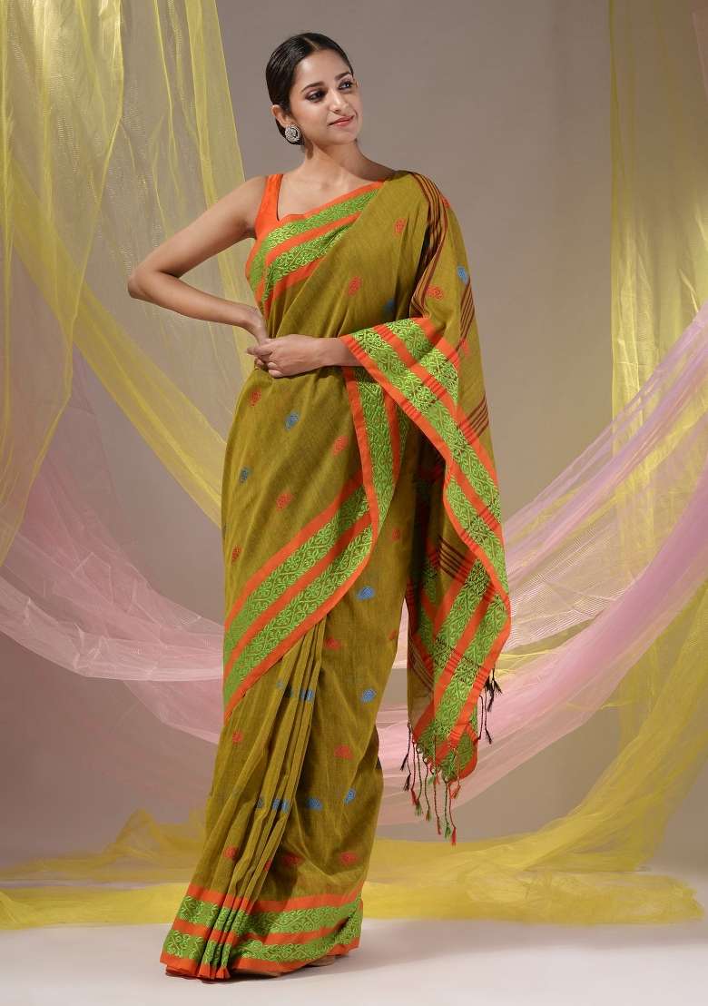 Mustard Floral Embroidery Cotton Saree Set for Diwali and Festive Wear - Indya