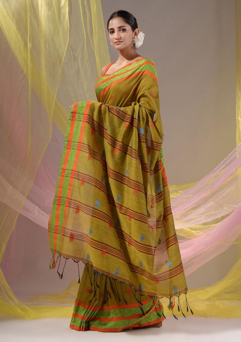 Mustard Floral Embroidery Cotton Saree Set - Indya