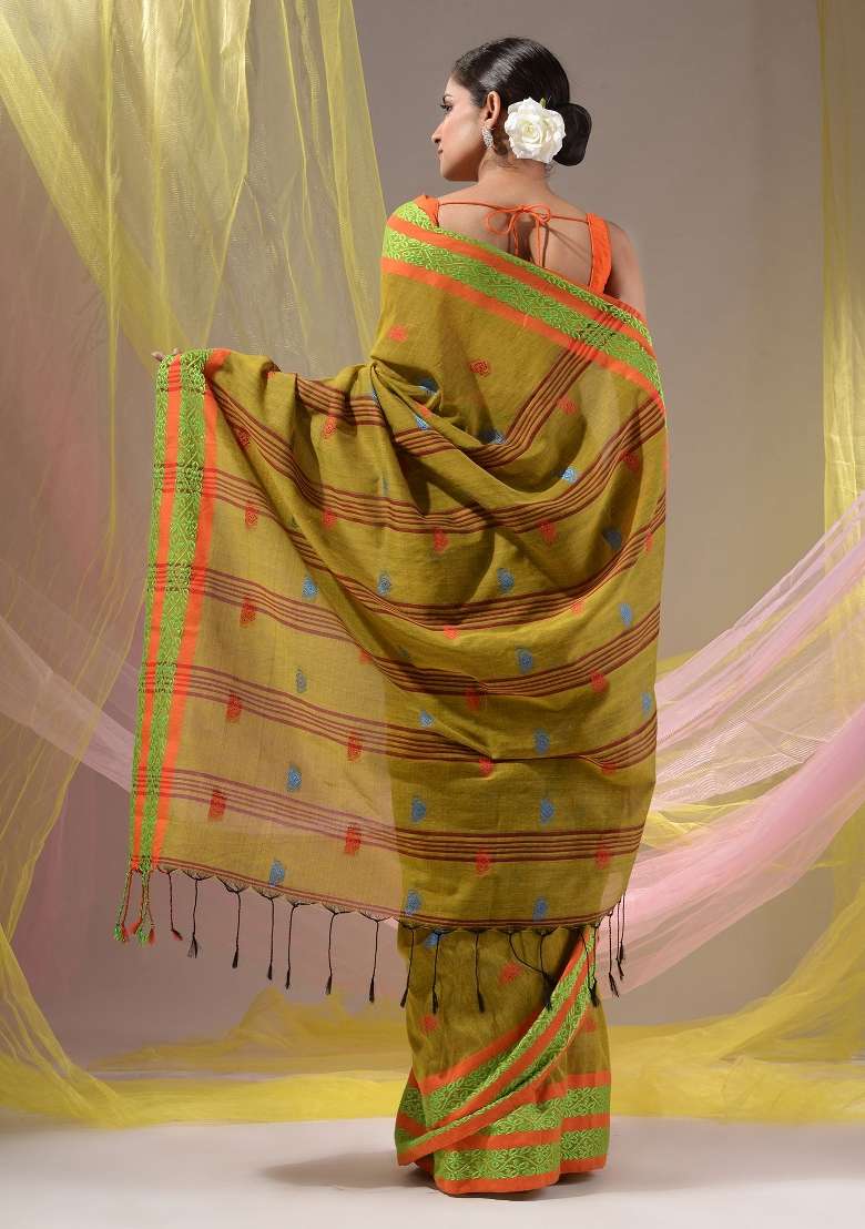 Mustard Floral Embroidery Cotton Saree Set for Diwali and Festive Wear - Indya