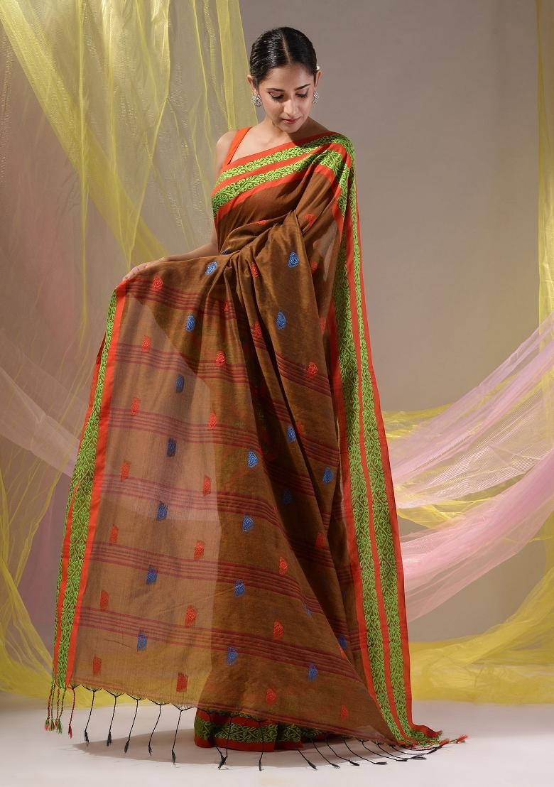 Dark Ochre Floral Embroidery Cotton Saree Set - Indya