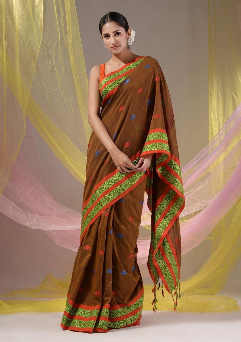 Dark Ochre Floral Embroidery Cotton Saree Set - Indya