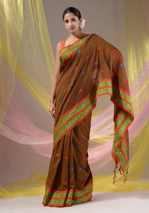 Dark Ochre Floral Embroidery Cotton Saree Set