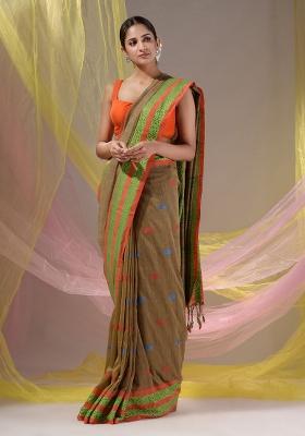 Beige Floral Embroidery Cotton Saree Set