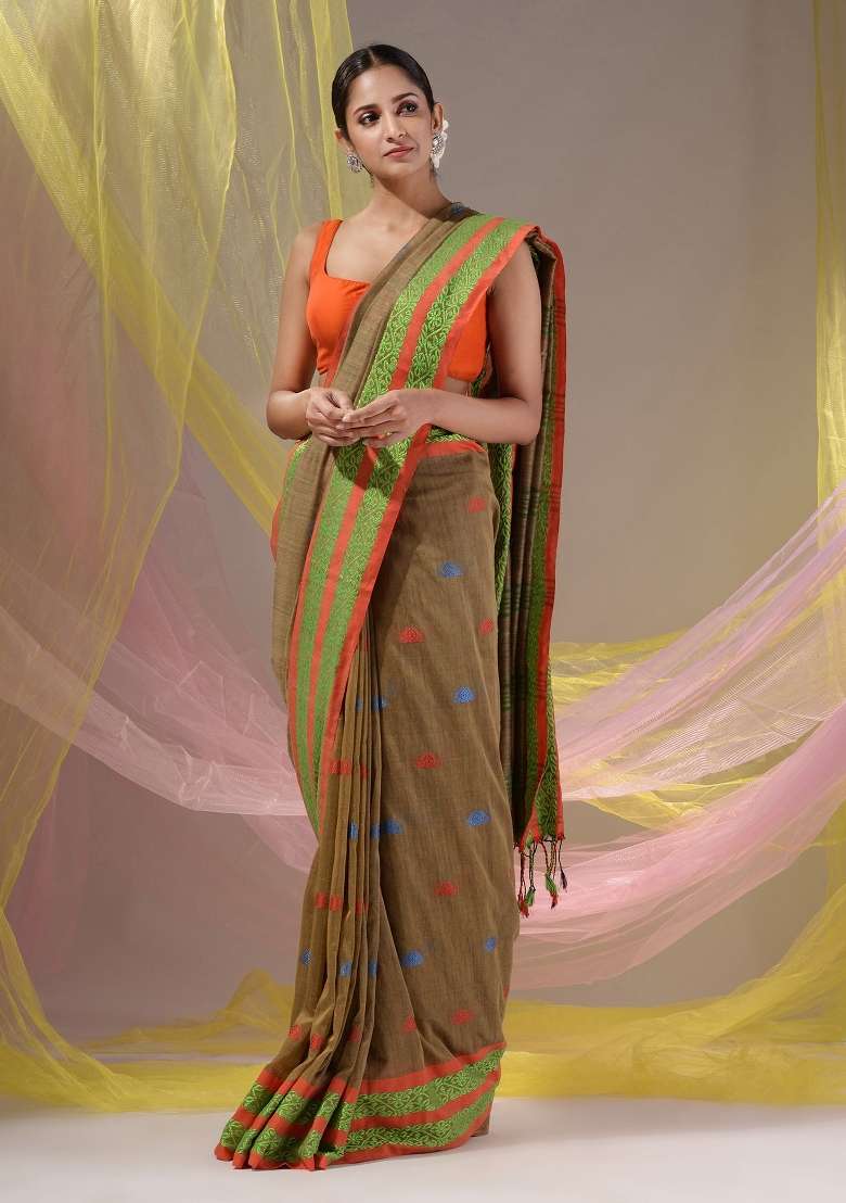 Beige Floral Cotton Saree Set with Embroidery for Diwali | Wedding & Festive Wear - Indya