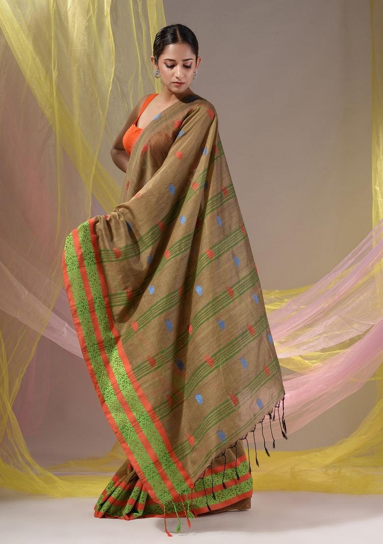 Beige Floral Embroidery Cotton Saree Set - Indya