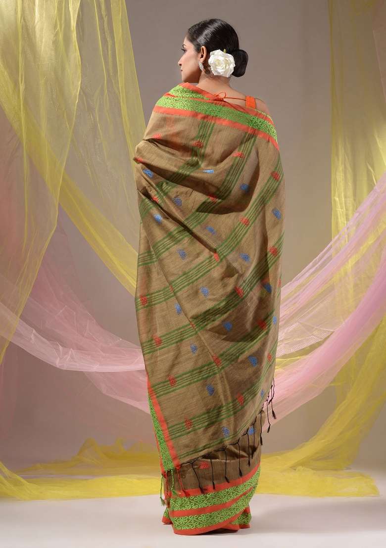 Beige Floral Cotton Saree Set with Embroidery for Diwali | Wedding & Festive Wear - Indya