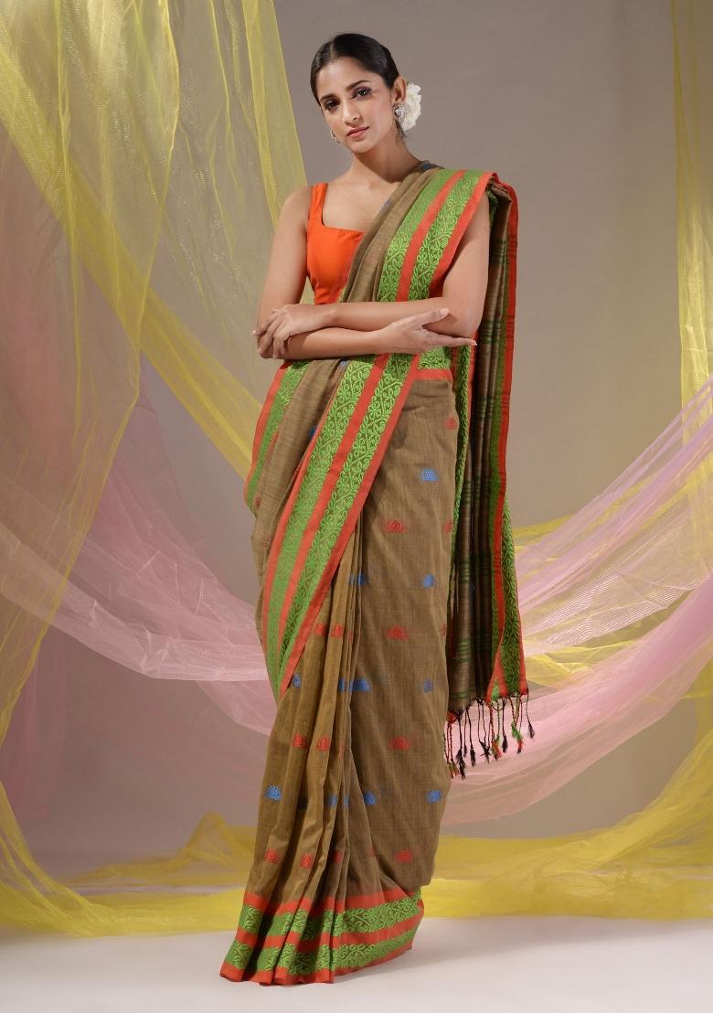 Beige Floral Embroidery Cotton Saree Set - Indya