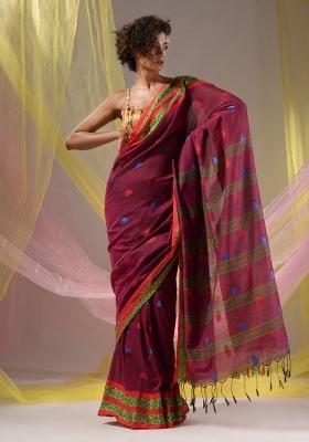 Magenta Floral Embroidery Cotton Saree Set