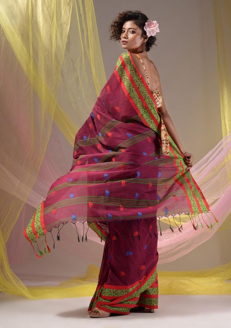 Magenta Floral Embroidery Cotton Saree Set - Indya