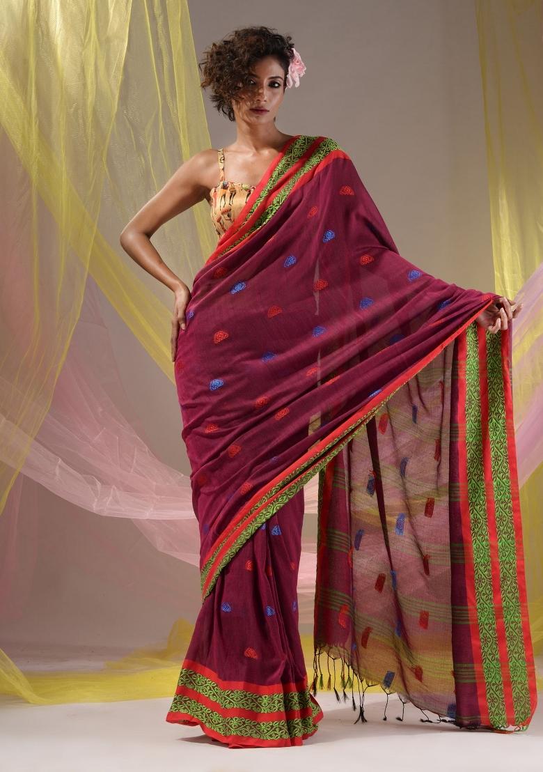 Magenta Floral Embroidery Cotton Saree Set - Indya