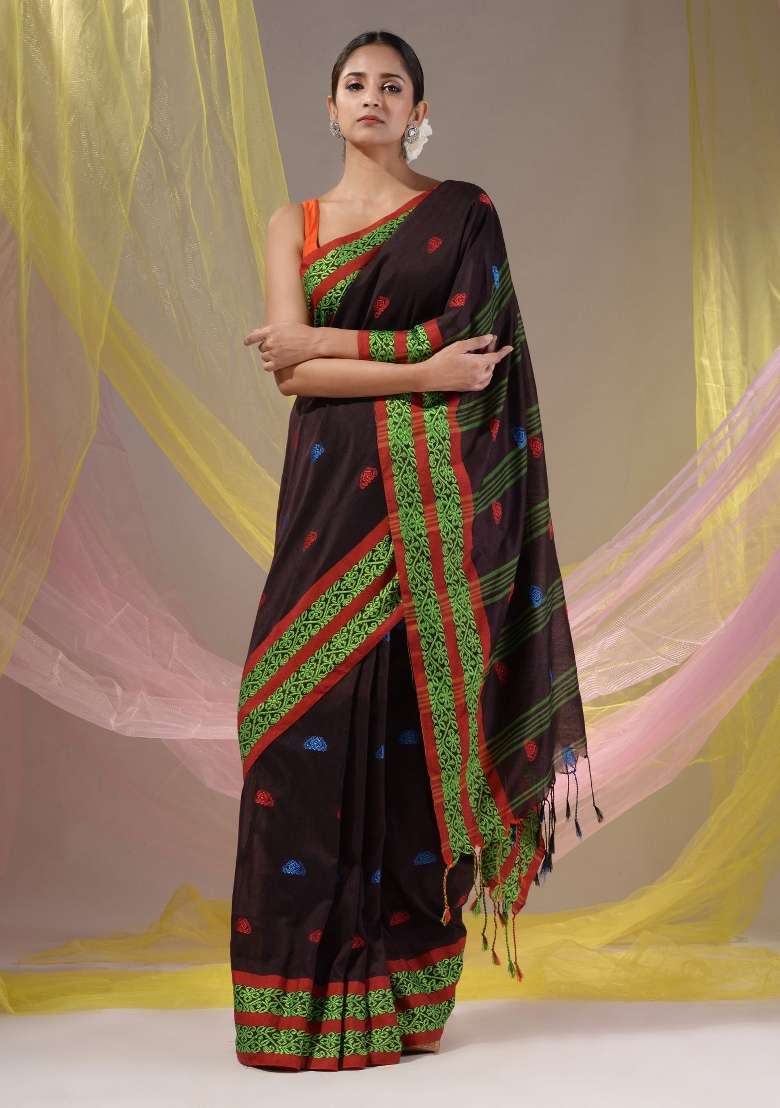 Dark Chocolate Floral Cotton Saree Set with Embroidery for Diwali | Wedding & Festive Wear - Indya